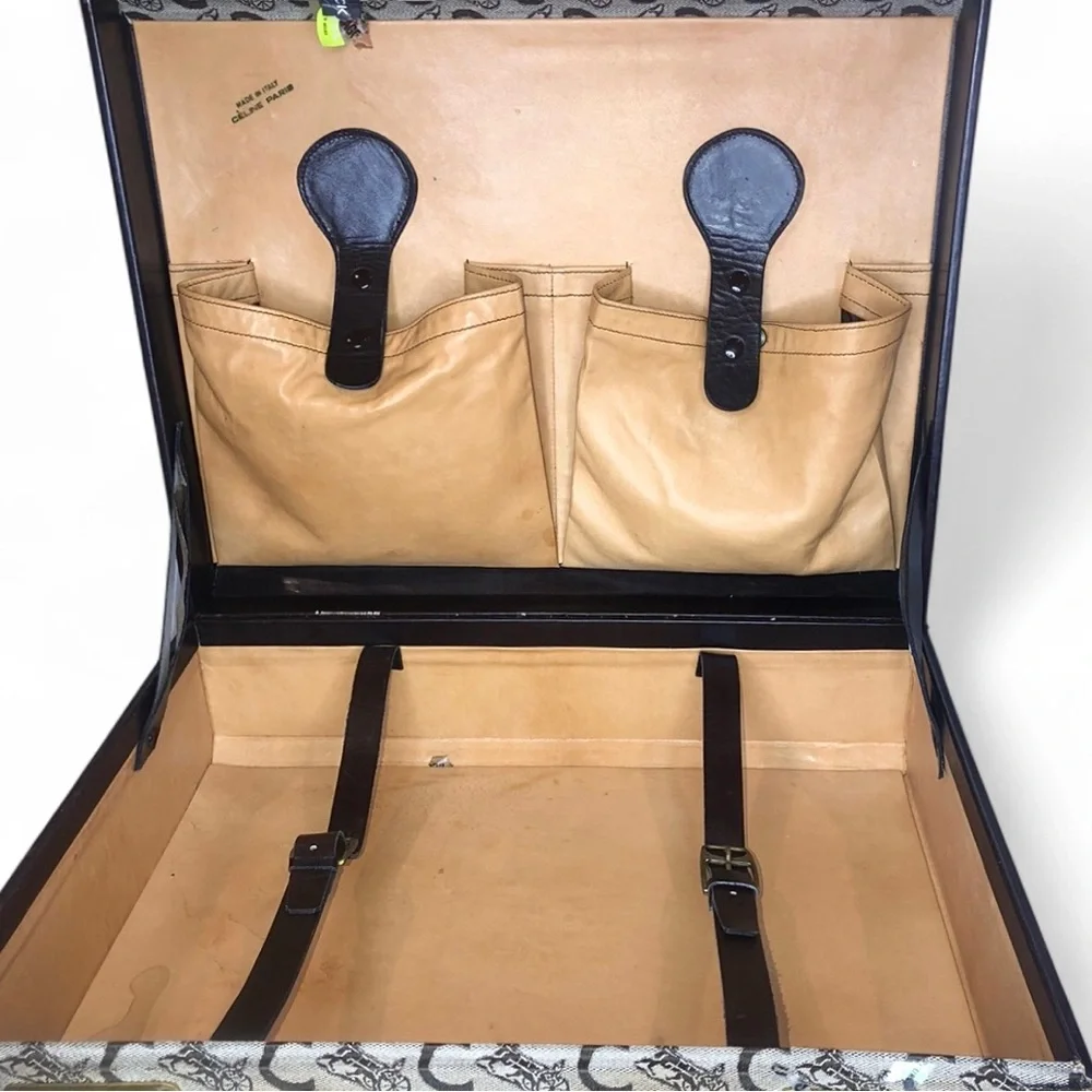 CELINE Brown Leather and Canvas Oversized Briefcase Suitcase Brass Locks 1980’s